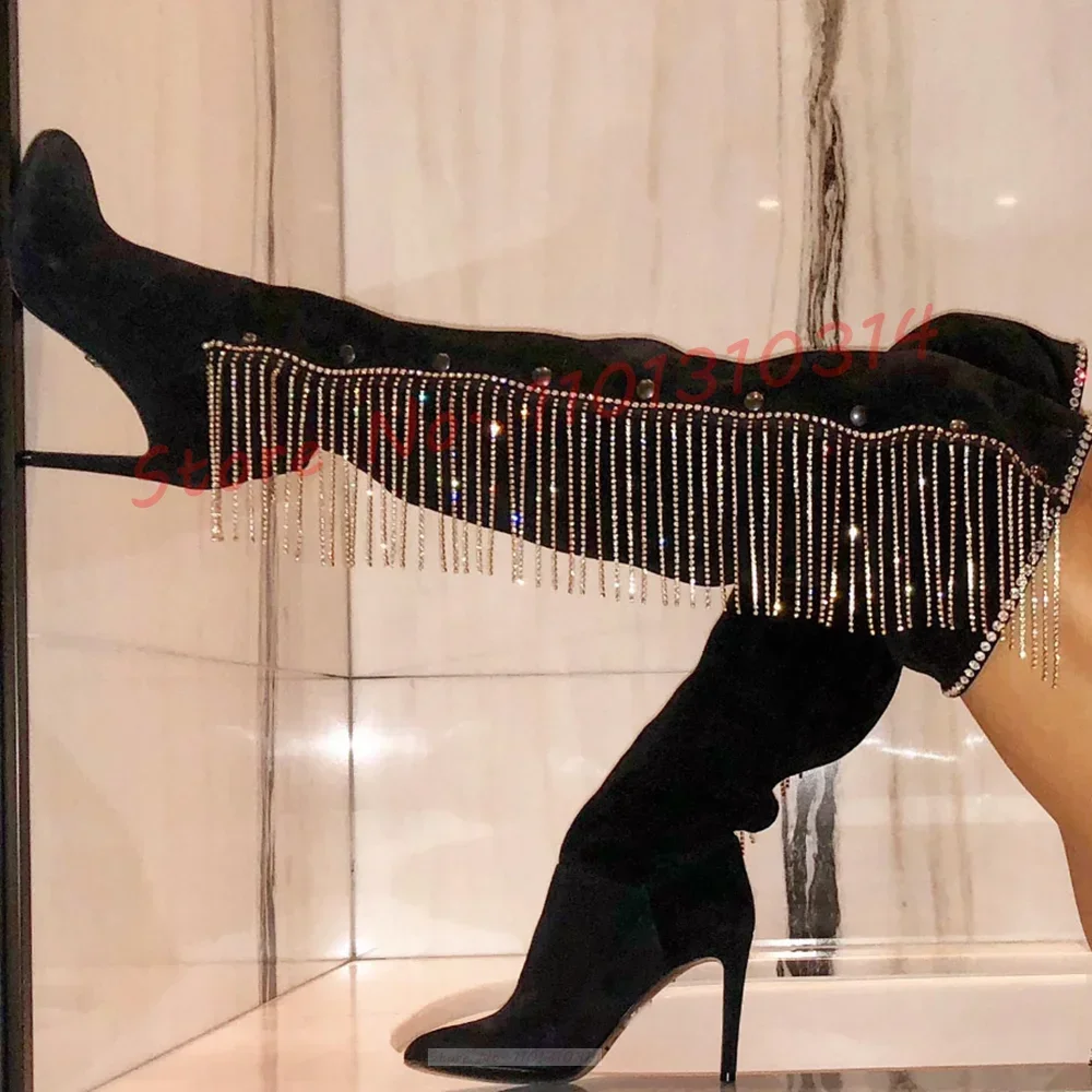 Tassels Crystals Button Rivets Boots Women Fashion Flock Round Toe High Heeled Knee Length Boots Lady Sexy Punk Chic Party Shoes