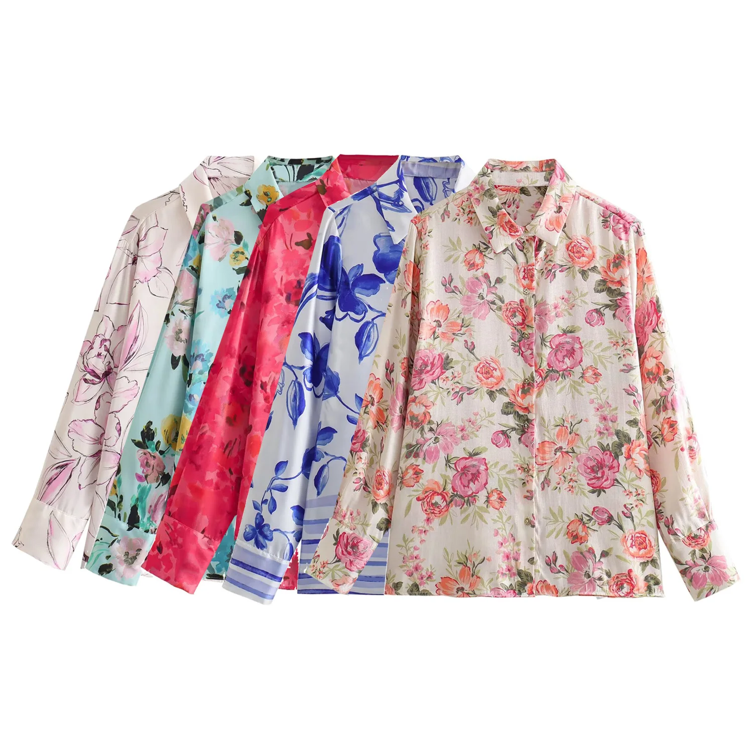 Taop & Za New Flower Shirt da donna popeline Texture Satin Printed Casual Top a maniche lunghe