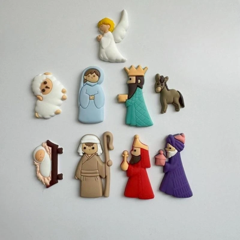 G6KF 9PCS/Set Nativity Scene Patches PVC Mini estátua Cartoon Flatões encantamento Flatback