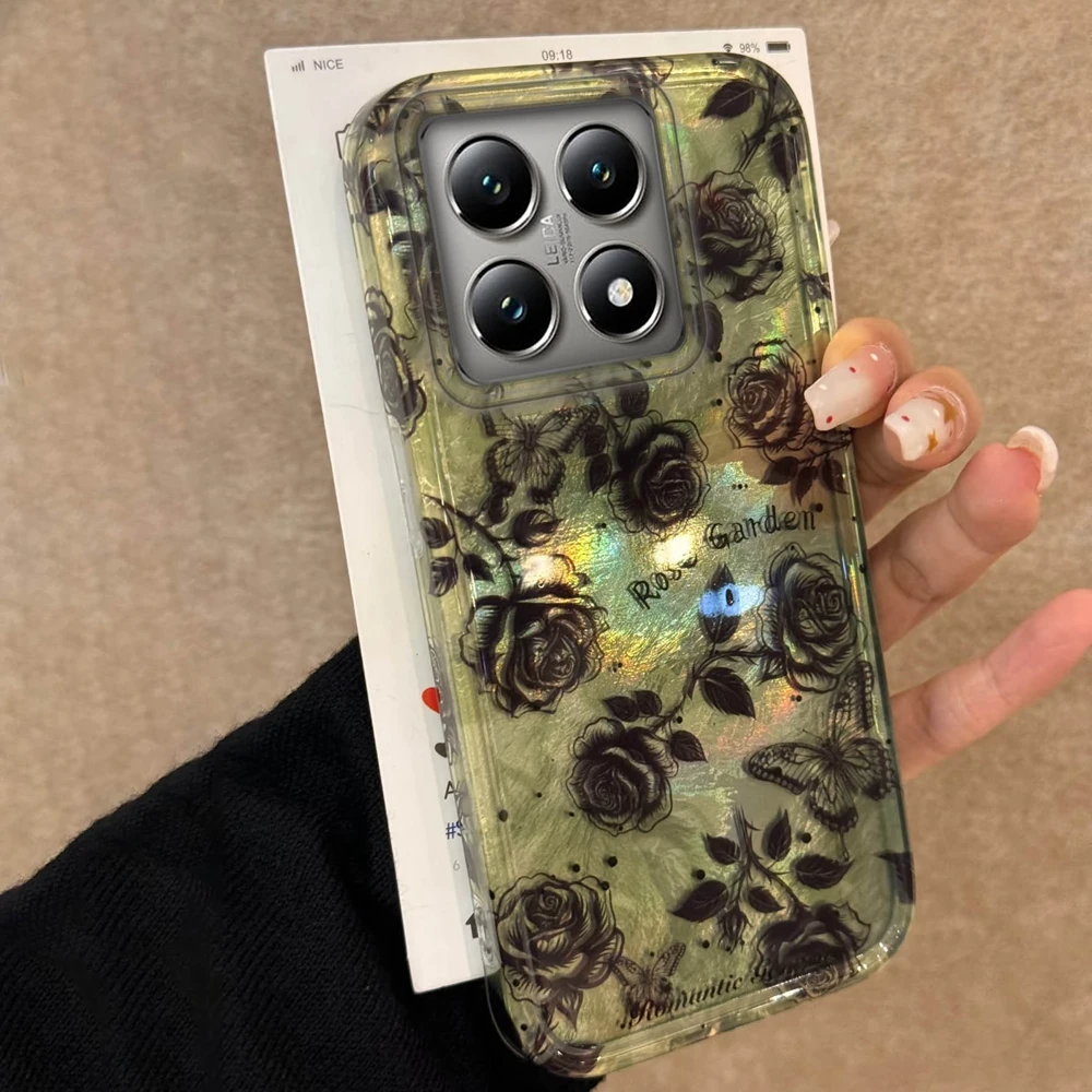 

Retro Black Rose Pattern Green Women Girls Glacier Texture Phone Cases For Xiaomi 13T 15T Pro 14T 11 Lite 5G NE Shockproof Cover