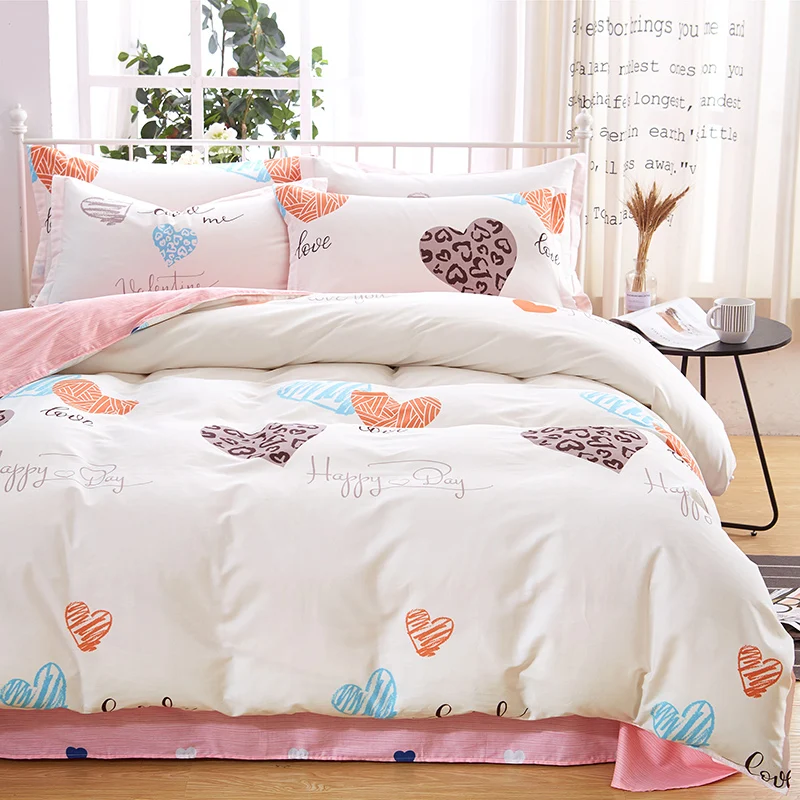 Girls Love Heart Duvet Cover Set Queen for Teen Women Reversible Kawaii Heart Shaped Comforter Cover 4 Pcs Cotton Bedding Set