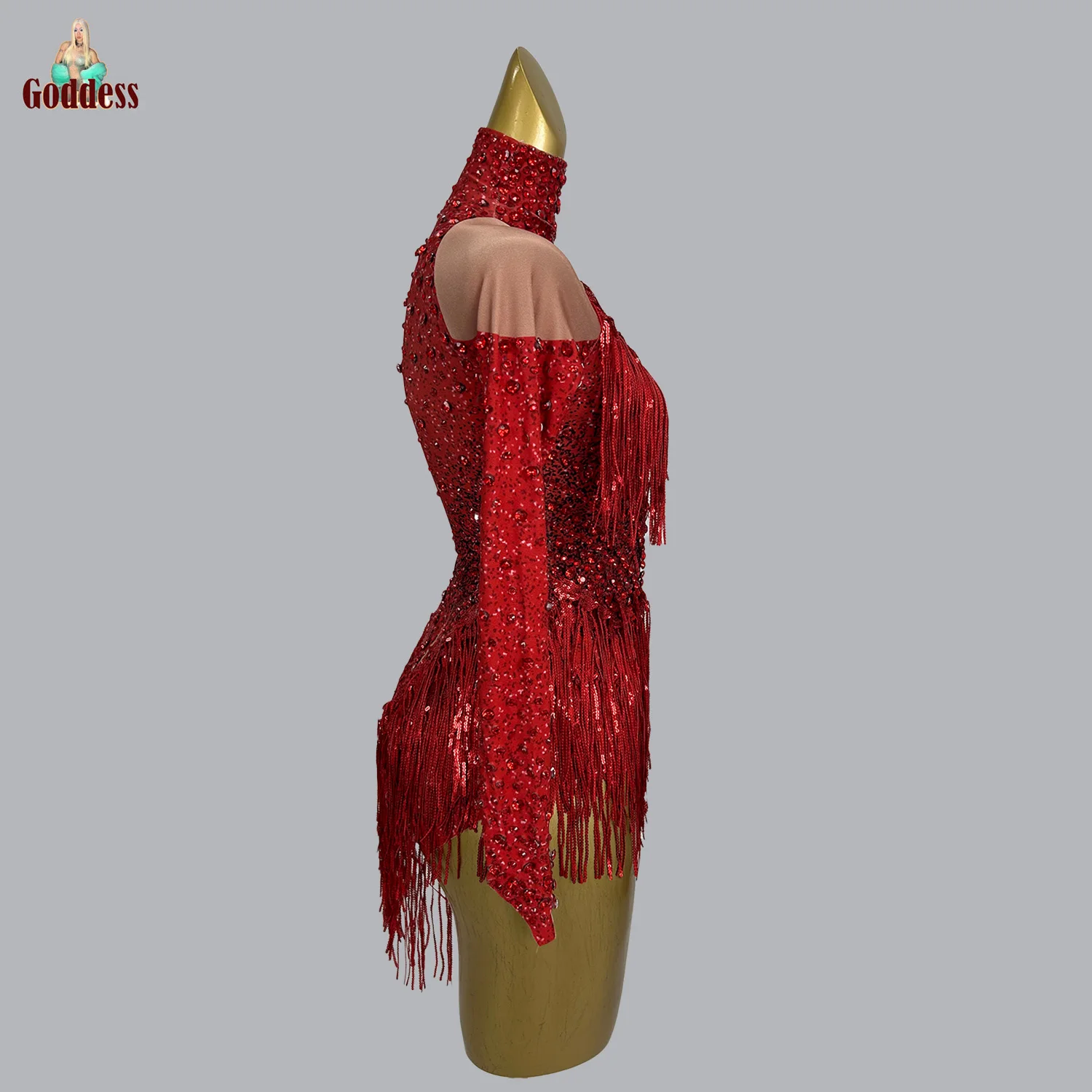 

Fashion Red Sparkly Tassel Bodysuit for Women Stage Performance Costume Nightclub Sexy Dance Show Wear Elastic Spandex Bodysuit