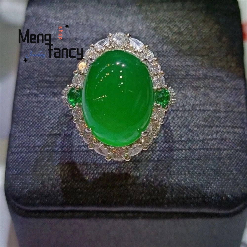 

High Ice Type 925 Silver Inlaid With Green Chalcedony Women's Ring, Luxury Agate Large Egg Face Women's Ring Accessory Elegant