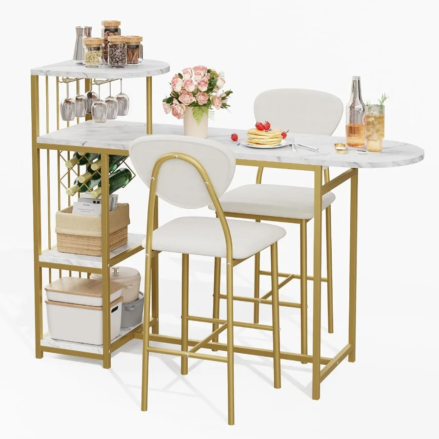 Juego compacto de mesa y sillas de bar expandibles de 3 piezas con estantes de almacenamiento integrados y botellero ideal para cocinas pequeñas