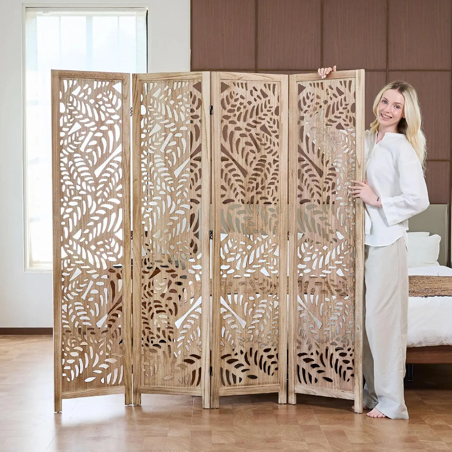 Leaf-Carved Room Divider Privacy Screen - 67 Inch Tall Foading Decorative Wood Screen Dividers Panel for Home, Customized
