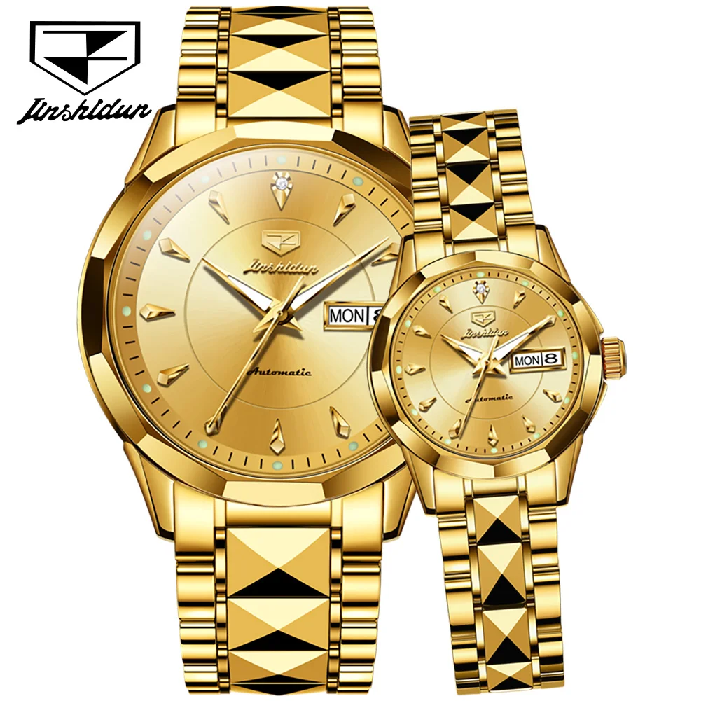 JSDUN 8936 Dual Calendar Mechanical Couple Watch For Men Women Synthetic Sapphire Mirror Wristwatch Luxury Automatic Dress Watch