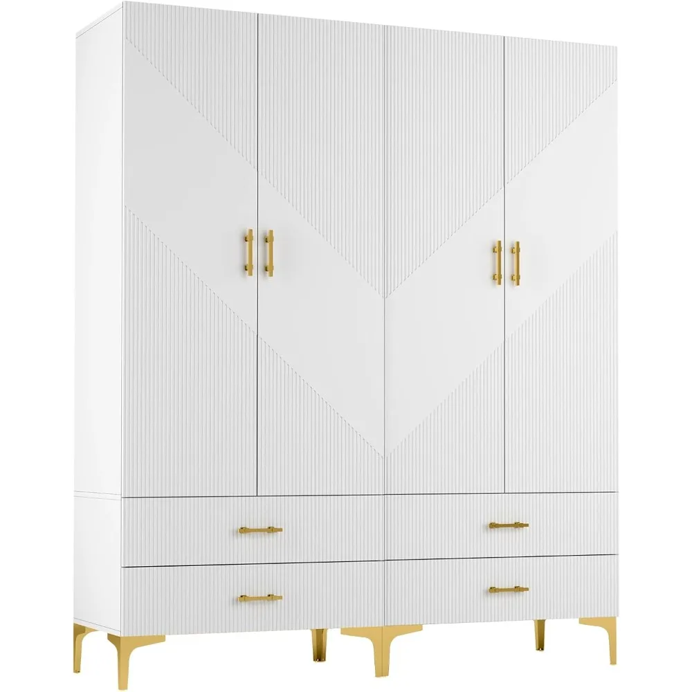 Wardrobe Armoire with 4 Doors, 4 Drawers and 2 Hanging Rods, Twill Wood Closet Storage with Metal Cabinet Legs, White