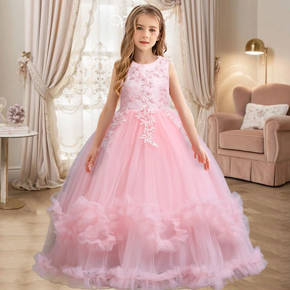 4-12 year old white girl long wedding dress evening dress sequin lace graduation ball performance dress 2023 girls\' clothing