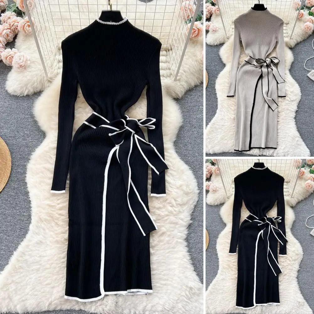 Slimming Hip-hugging Dress Elegant Vintage High Neck Maxi Dress with Belted Waist Split Hem Women's Long Sleeve Knitted Sheath