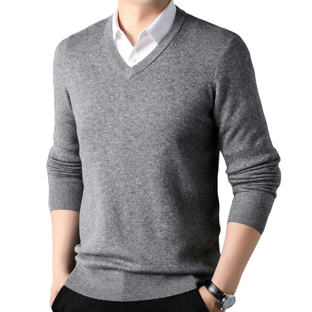 V-neck Sweater Elegant V Neck Men's Sweater for Fall Winter Stretchy Pullover Solid Color Formal Business Style Knitwear for Mid