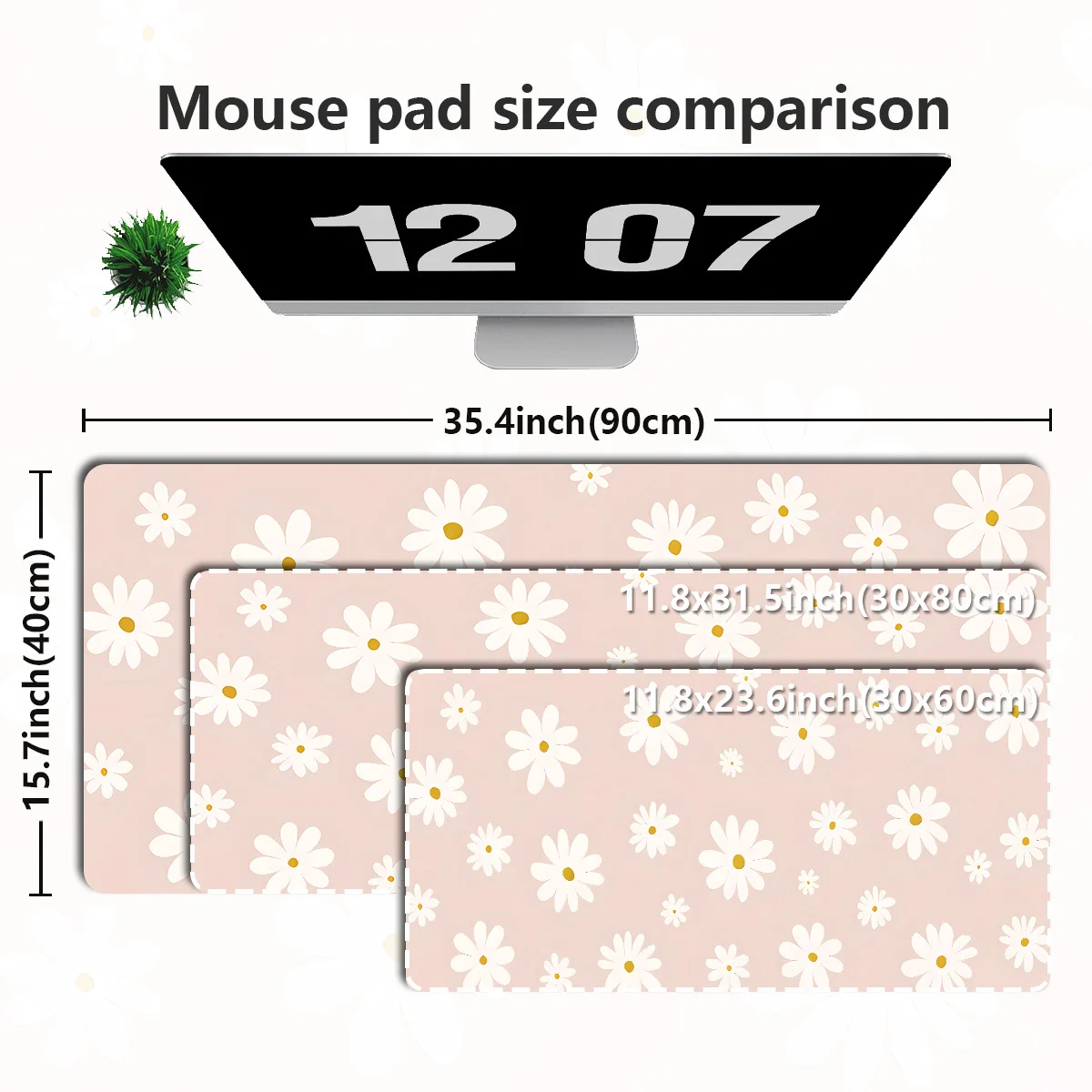 1pc Extra Large Mouse Pad Laptop Keyboard Mat - Pink Background with White Small Daisy Pattern - HD Printed Desktop Protective Pad, Gaming Accessory, Decorative