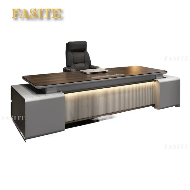 For High-end Boss Desk with LED Light Strip and Password Lock File Cabinet Big Class President Office Furniture Combination