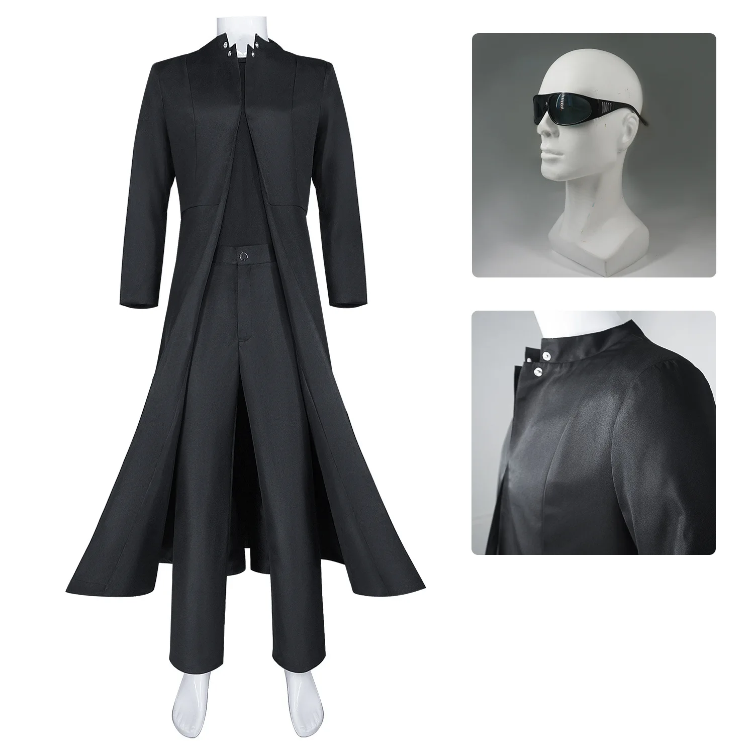 

Matrix Cosplay Costume Neo Black Long Trench Coat Pant with Glass Set Halloween Party Costume for Women Men Roleplay
