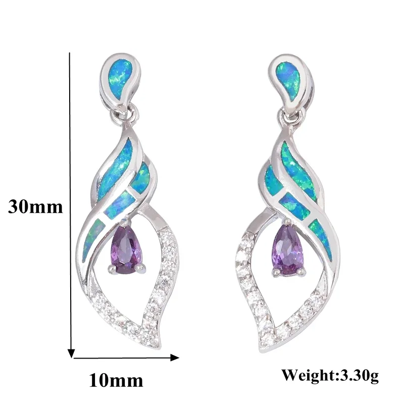 Blue Opal Earrings for Women,Modern Twisted Silver Earrings with Purple Gems & Zircons,Luxury Designer Dangle Jewelry Gift