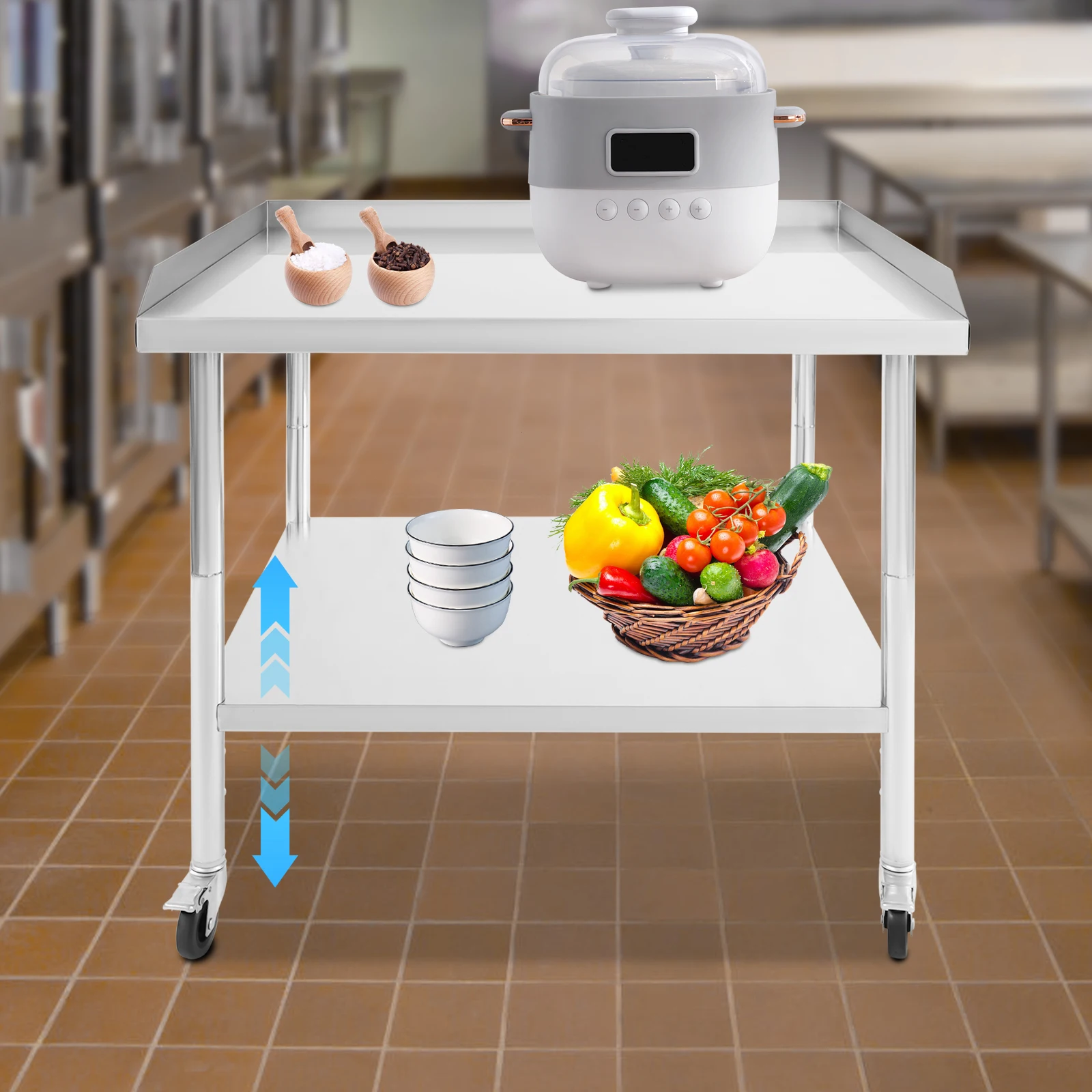 2-Tier Stainless Steel Kitchen Work Table Commercial Prep Table with Wheels for Home Restaurant Storage