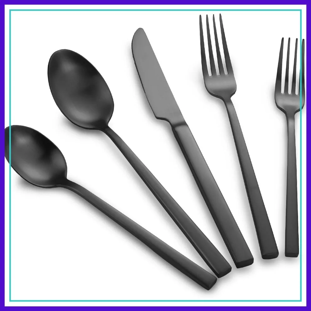 

40pc 18/10 Stainless Steel Flatware Set, Matte Black Cutlery Set for 8, Hand Forged Cuboid Handle, Wedding Gift
