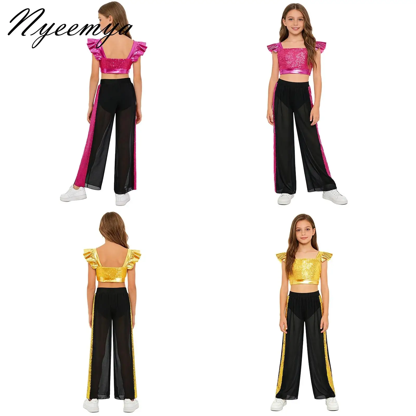 

Girls Lyrical Dance Ballet Jazz Dance Costume Long Sleeve Sequin Crop Tops+Chiffon Wide-Leg Side Slit Dance Pants Sets Outfits