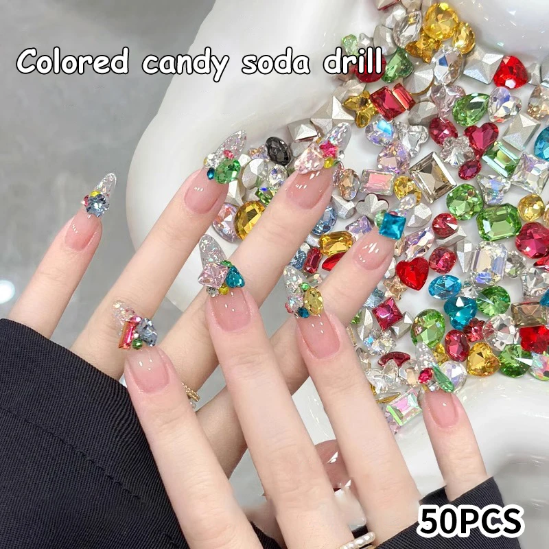 50개 네일 아트 참 장식 믹스 3-10MM 뾰족한 바닥 불규칙 네일 크리스탈 혼합 모양 유리 파일 드릴 DIY 액세서리