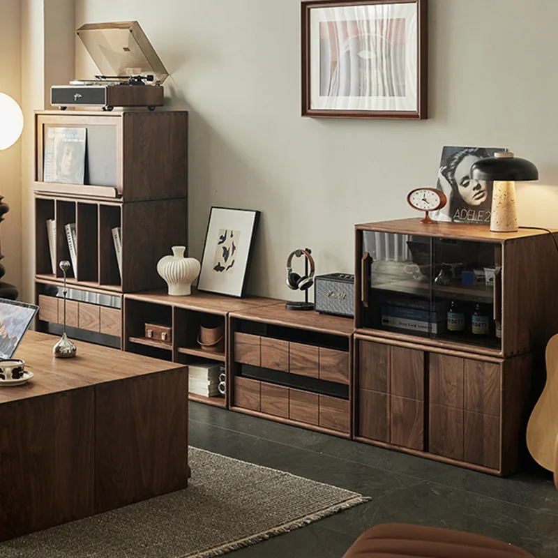 Solid wood TV cabinet black walnut color living room free combination cabinet display cabinet furniture