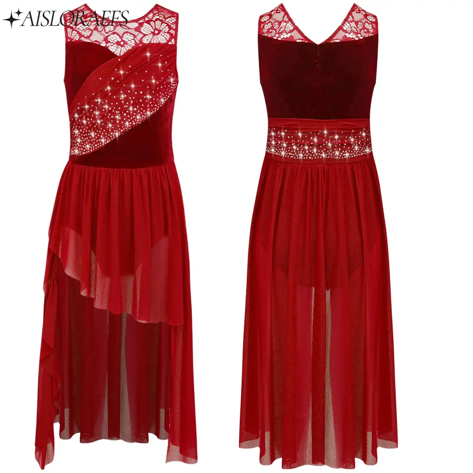 

Glittery Rhinestones Lyrical Modern Dance Costume for Girls Stage Dance Class Party Clothes Ruched Mesh Overlay Dress Dancewear