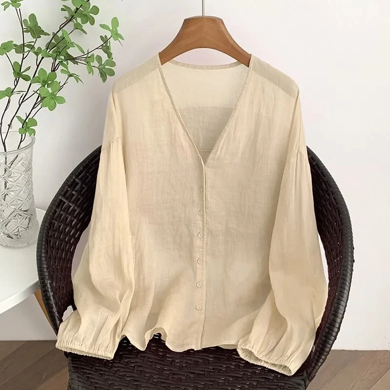 

Spring Summer Basic Solid V-neck Button Up Pink Beige Cotton Shirts Cardigan Women Elegant Casual Loose Long Sleeve Cover Up Top