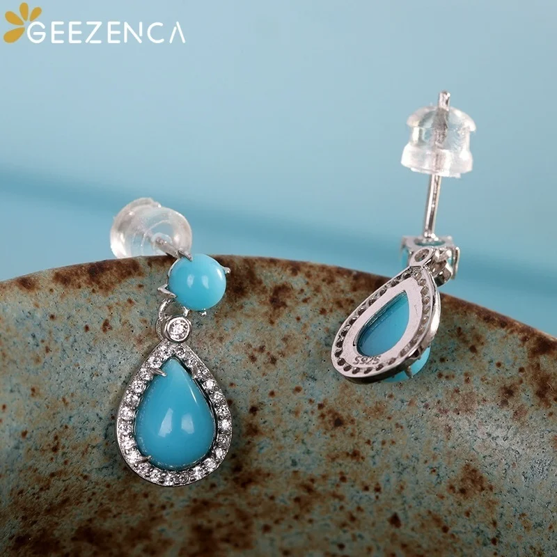 GEEZENCA 925 Silver Blue Turquoise Cubic Zirconia Women Drop Earrings Teardrop Lightweight Trendy Dainty Small Earring Love Gift