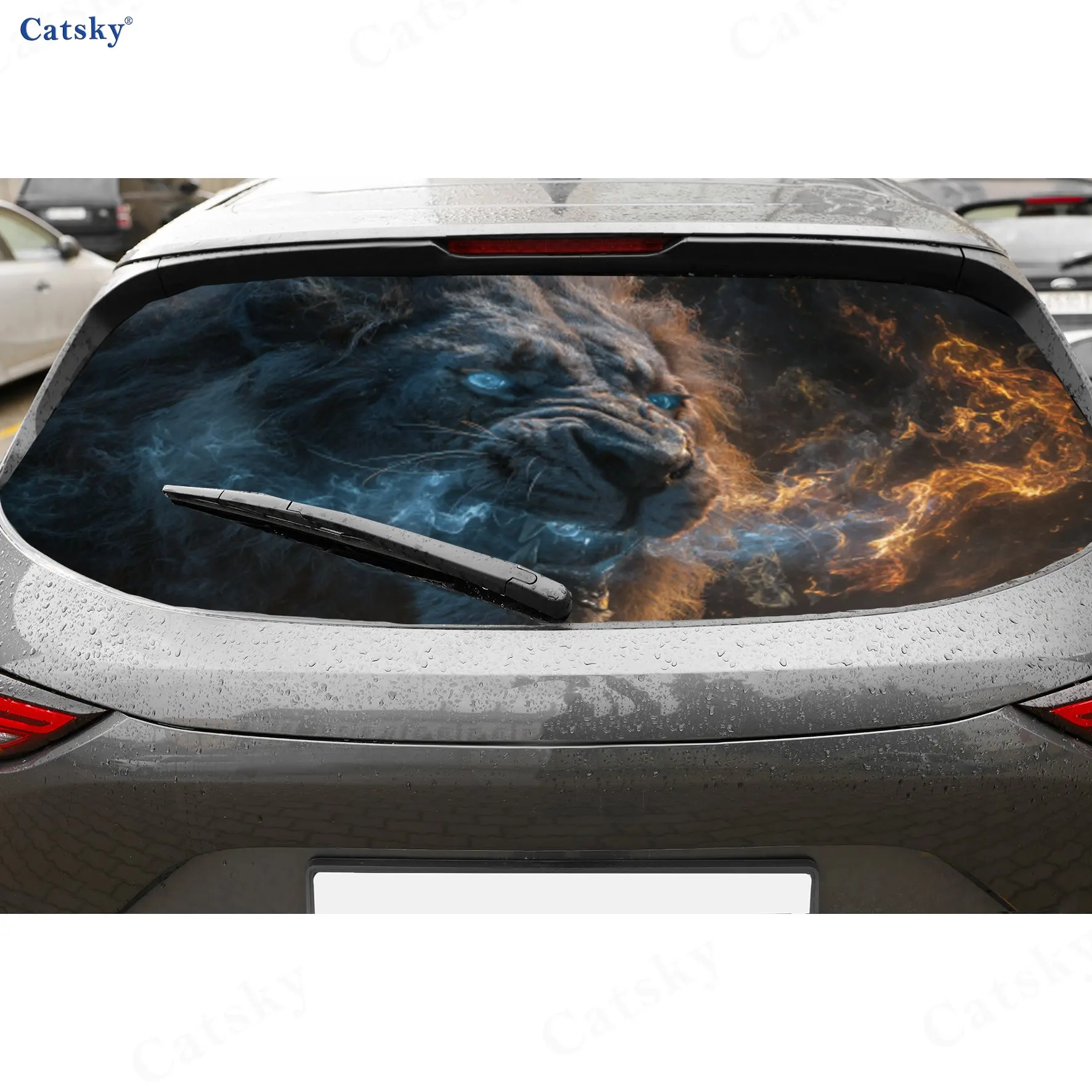 Electric Light Fire Lion Head PVC Perforated Car Vinyl Wraps, Durable Car Windshield Sticker, Waterproof Car Window Decal