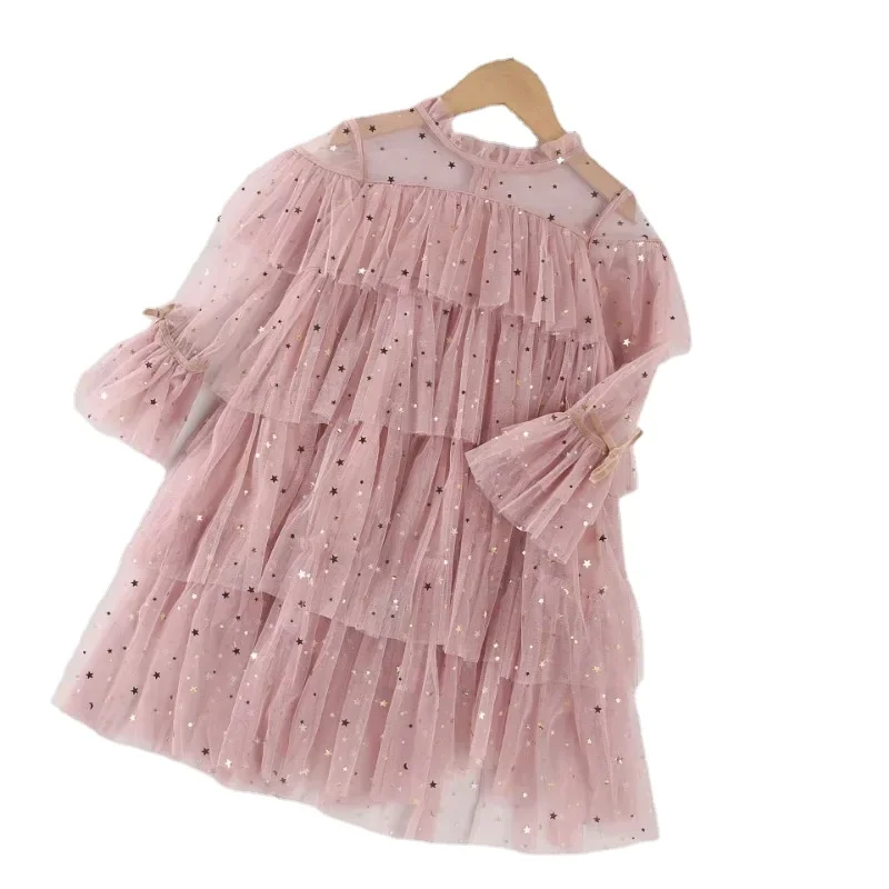 

Cute Girls Sequin Star Moon Tulle Cake Dress 2024 Spring Fall New Girls Long Sleeve Puffy Mesh Princess Dress 2-8T