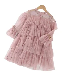 Cute Girls Sequin Star Moon Tulle Cake Dress 2024 Spring Fall New Girls Long Sleeve Puffy Mesh Princess Dress 2-8T