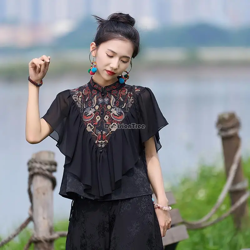 2023 Chinese Etnische Stijl Borduurwerk Chiffon Blouse Retro Losse Staande Kraag Korte Mouw Casual Elegante Vrouwen Blouse S269