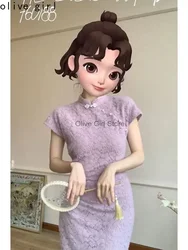 Purple Qipao 2025 Lace Sexy Cheongsam Chinese Dress Flower Summer Short Sleeve Traditional Girl Elegant Women's Clothing