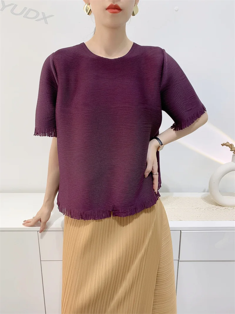 

Miyake Tassel Pleated Tops 2023 Summer T-shirt Toothpick Pleated Loose Comfortable Casual Five-quarter Sleeve Fashion Women's