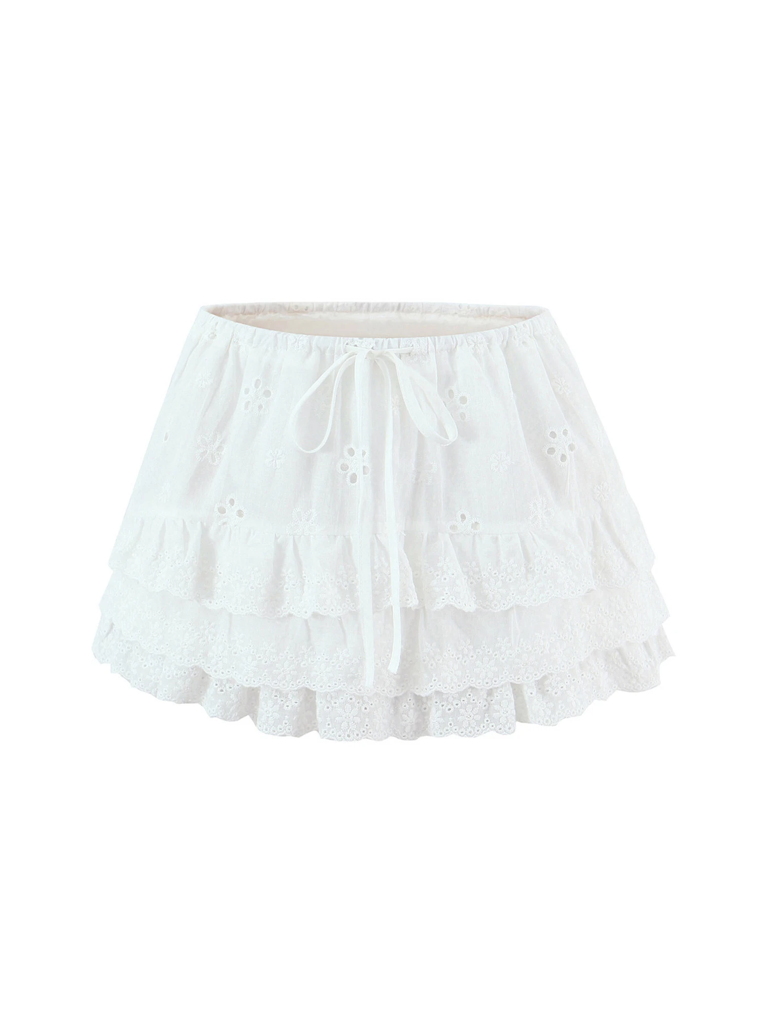 Women's White Mini Skirt 2000s Vintage Harajuku A-line Lace Patchwork Skirt Korean Style Y2k Gyaru Hollow Skirts Clothes Summer