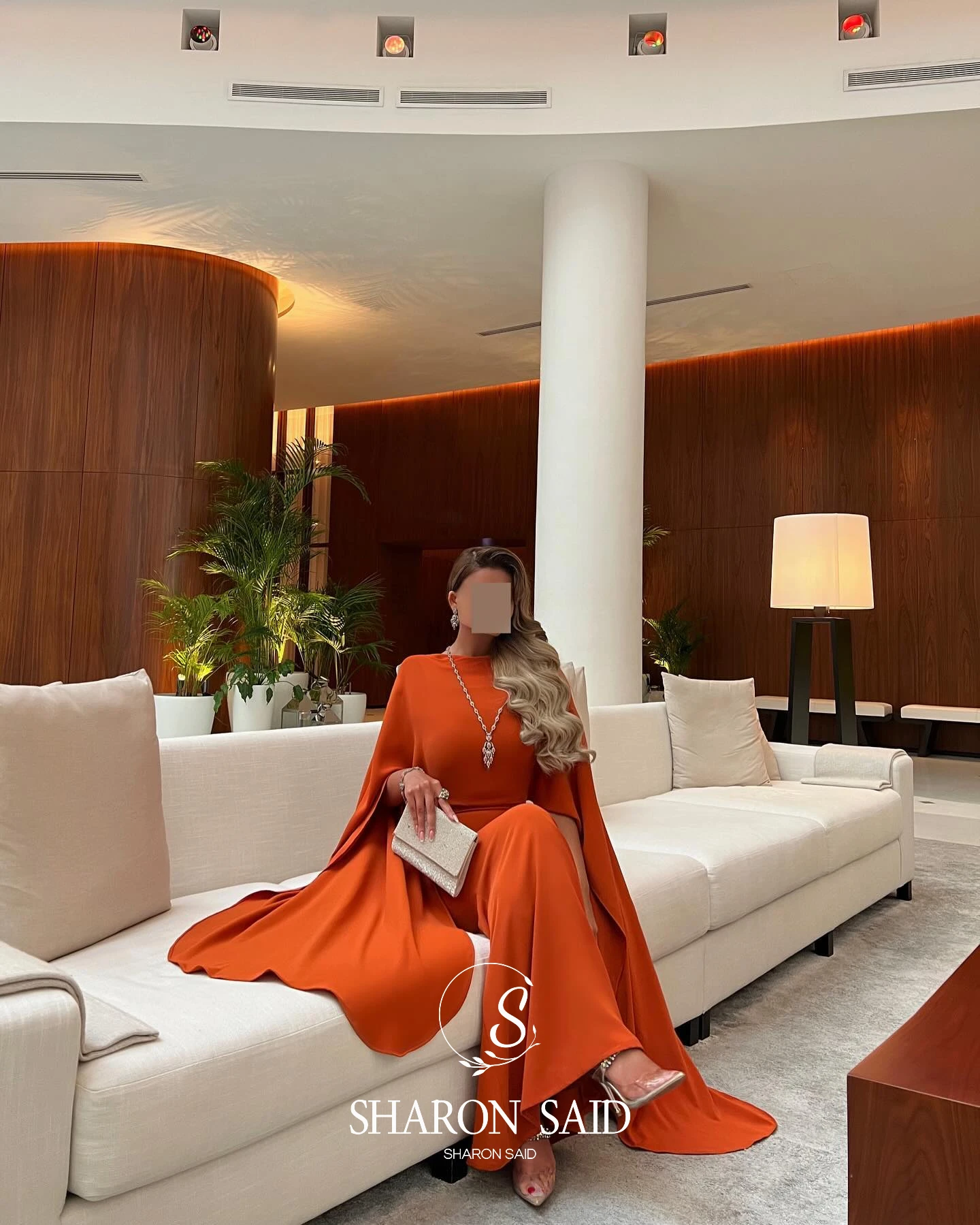 Sharon Said elegancka pomarańczowa suknia wieczorowa syrenka z peleryną długie rękawy arabski dla kobiet suknie na przyjęcia weselne SF120 dostosowane