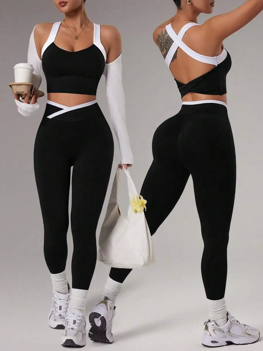 

Black Seamless Sports Set Women Two Piece Workout Outfit Yoga Leggings Crop Top