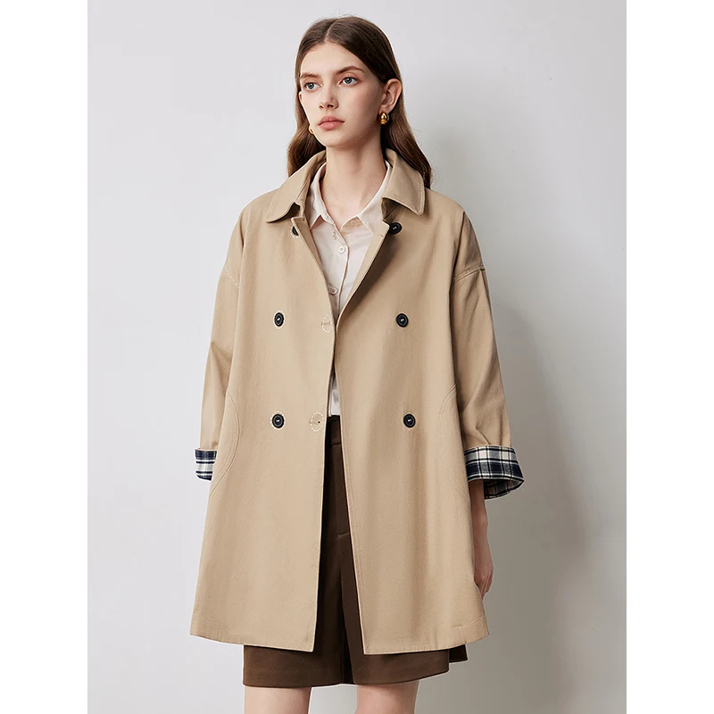 TOYOUTH Women Trench Coat 2024 Autumn Long Sleeve Plaid Cuffs Turndown Collar Windbreaker Solid Mid Length Classic Outwear