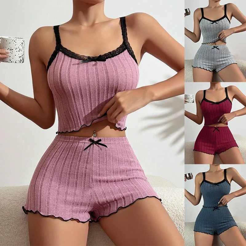 

Summer New Womens Ribbed Knit Pajama Set Lace Trim Bow Cami Crop Top Lettuce Hem Shorts Loungewear Sleepwear Cute Soft 2 Piece