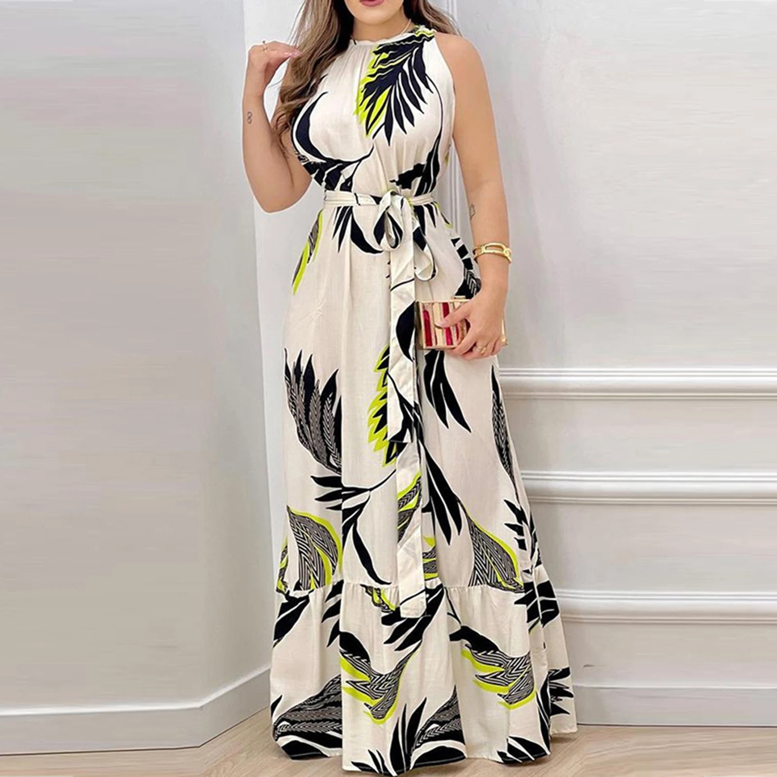 Women's Casual Loose Dress Leaf Print Sleeveless Slim Waist Dresses for Daily Shopping Out NIN668