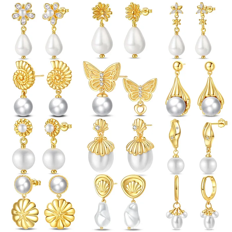 

New 925 Sterling Silver Golden Sparkling Zircon Pearl Women Earrings Brilliant Wedding Engagement Star Earrings Jewelry Gifts