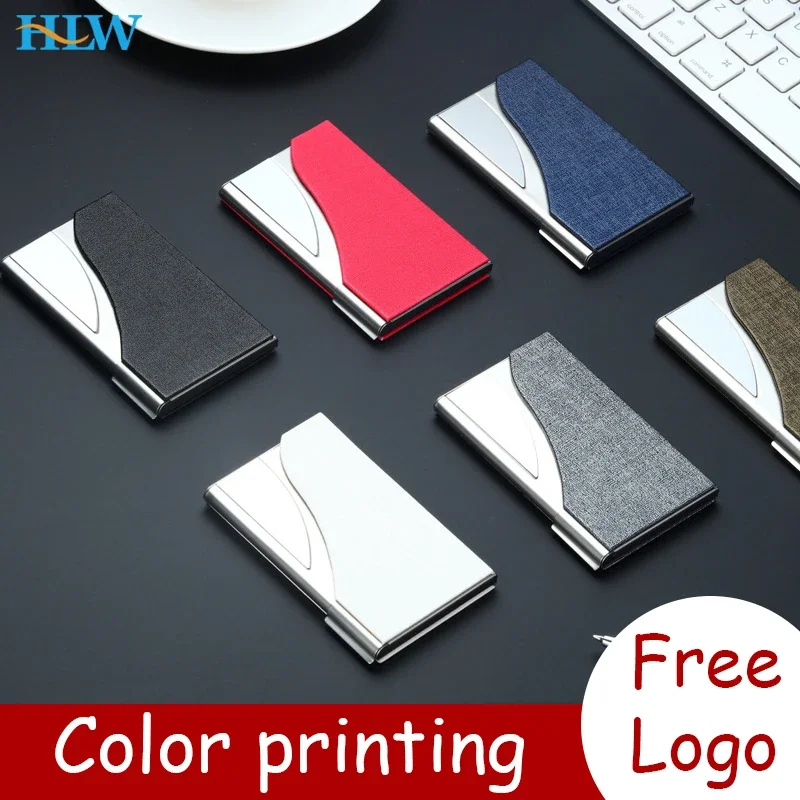 

Laser Engraved LOGO Luxury PU Leather Men's Business Card Holder Stainless Steel Aluminum Metal Box Lid Credit Card Holder