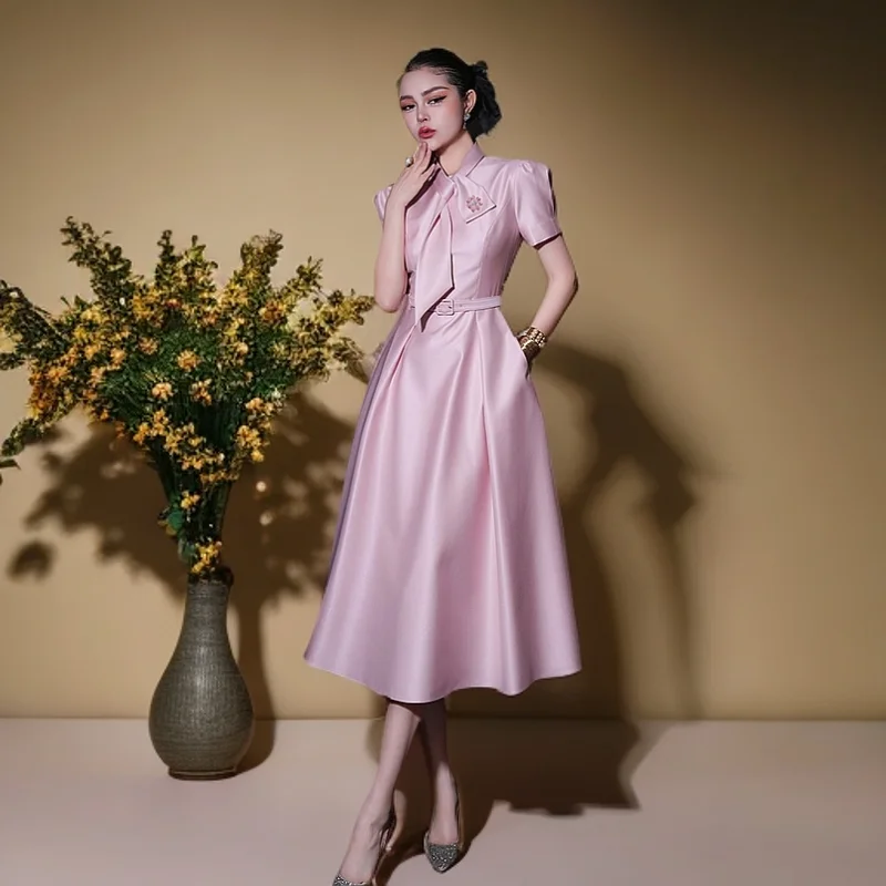 

Meyyithun New Women's Dresses 2025 Runway Short Sleeve Elegant Tie Dress Summer Party 250313MX01