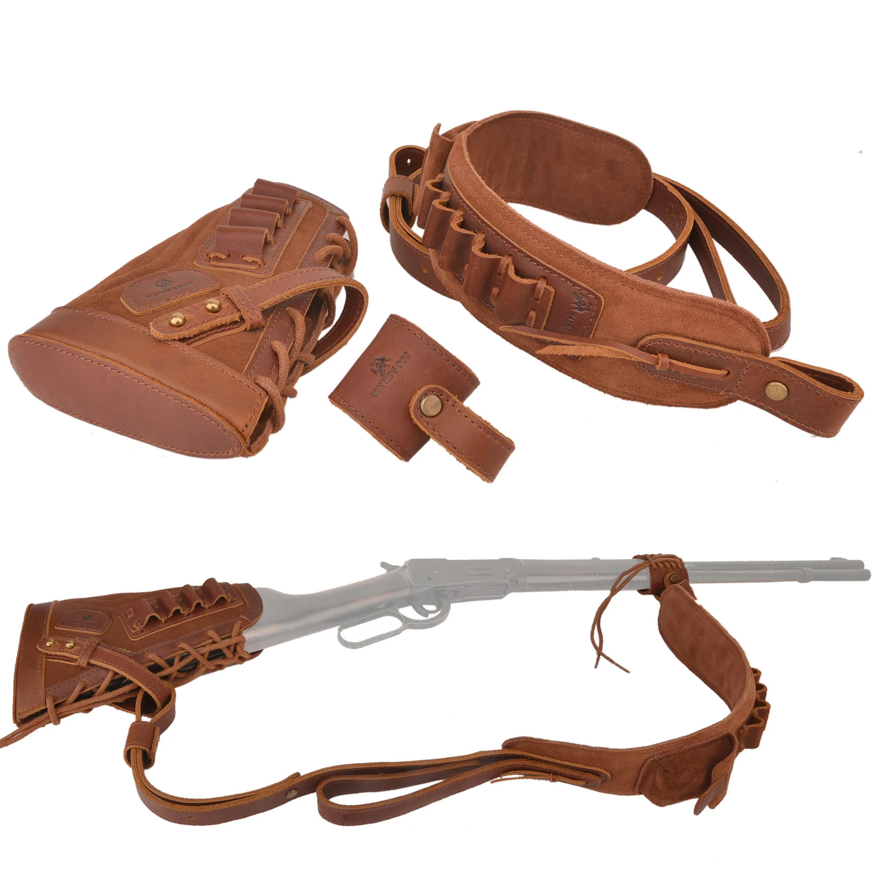 Leather Gun Buttstock Shell Holder with Matched Rifle Sling, Non-Swivel Need for .308 45-70 30-06 .44MAG, 410GA