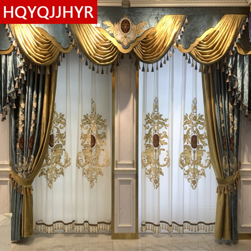 Top European Velvet Embroidered Blackout Living Room Curtains High Quality Custom Blue Bedroom Kitchen Hotel Valance Curtains