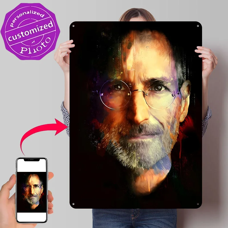 Steve Jobs Portrait 3D Texture Metal Poster Customized Wall Art Tin Sign Gift for Mancave Bedroom Decoration Room Wand Deko Home