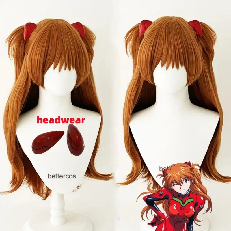 Pelucas de Cosplay EVA Asuka Langley Soryu de alta calidad, largas naranjas con 2 Clips de cola de caballo, peluca de pelo sintético resistente al calor, gorro de peluca