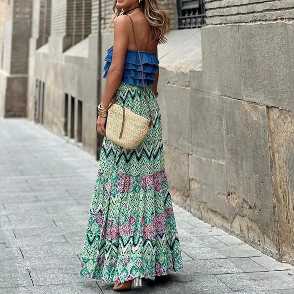 High Waist Skirt Colorful Print Bohemian Style Beach Long Dress with Elastic High Waist Drawstring for Women Vacation Skirt