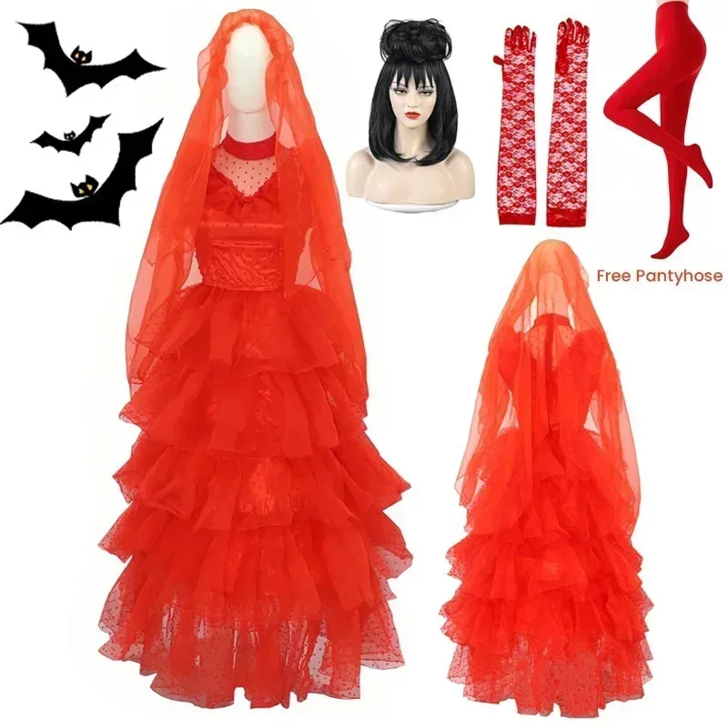 En stock escarabajo novia Lydia Deetz disfraz Cosplay Lydia vestido de novia rojo para Halloween trajes góticos