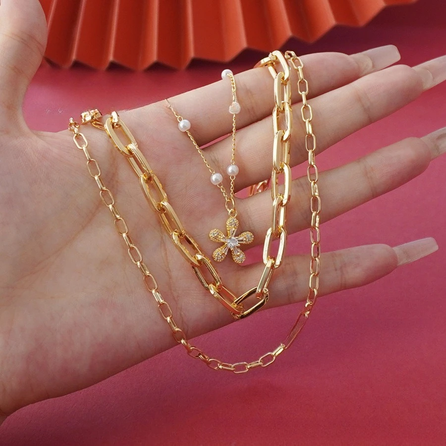 9999 gold pearl long drawstring necklace, flower-shaped necklace, three-in-one, niche pearl necklace