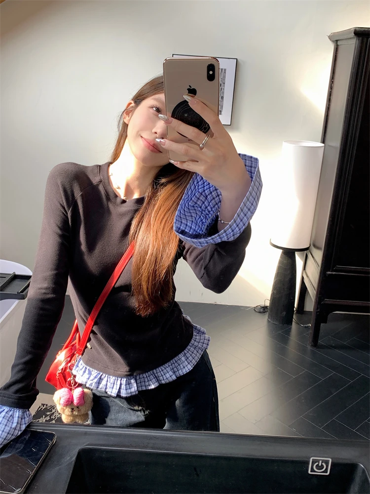 

Синий клетчатый топ с круглым вырезом, удлиненный, свободный, стройнящий, женский, для ранней осени, новинка, имитация двухслойного топа, для повседневной носки