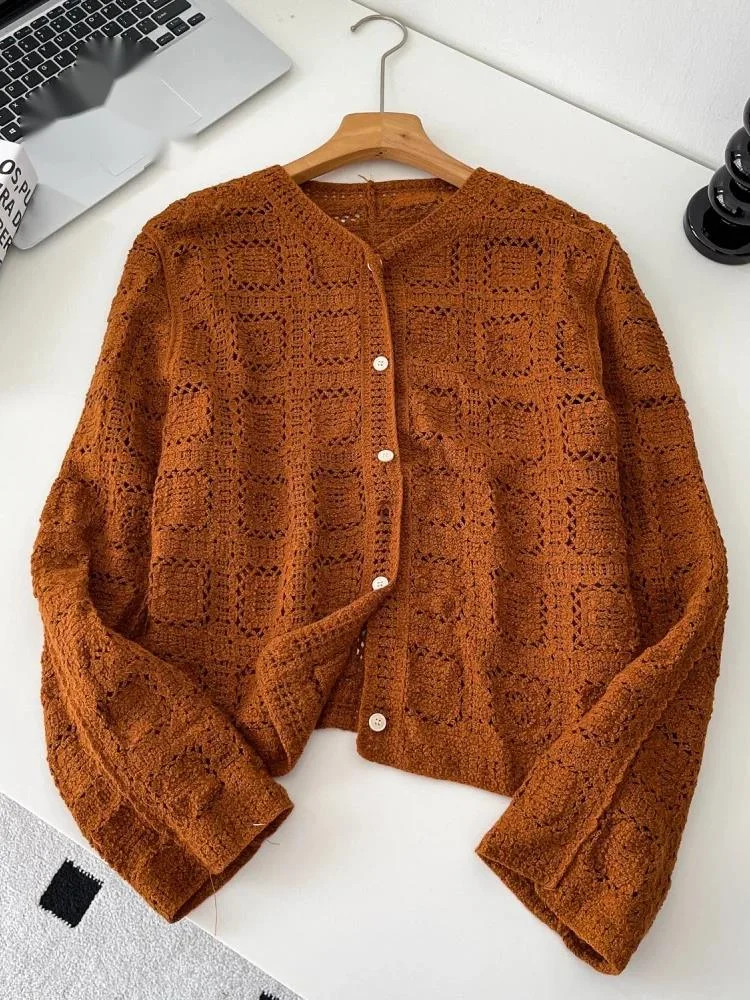 

Autumn Hollow Out Plaid Shirt Female O Neck Long Sleeves Loose Chic Top Holiday Streetwear Bohemian Vintage Blouse